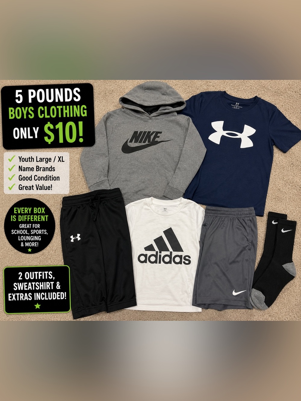 A 5-pound mixed box of youth boy sizes L and XL.